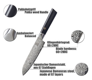 Japoniško Damasko plieno peilis OLEIO Zayiko, Black Edition, mažasis Santoku, 13 cm