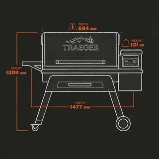 TRAEGER Timberline 1300 granulinio grilio išmatavimai